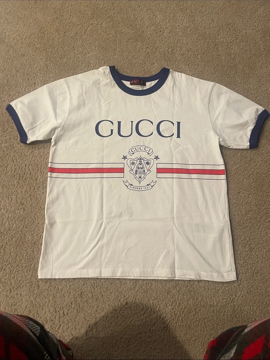 Gucci Tops - Gucci White Tee with Blue Trim and Red Stripe Crest